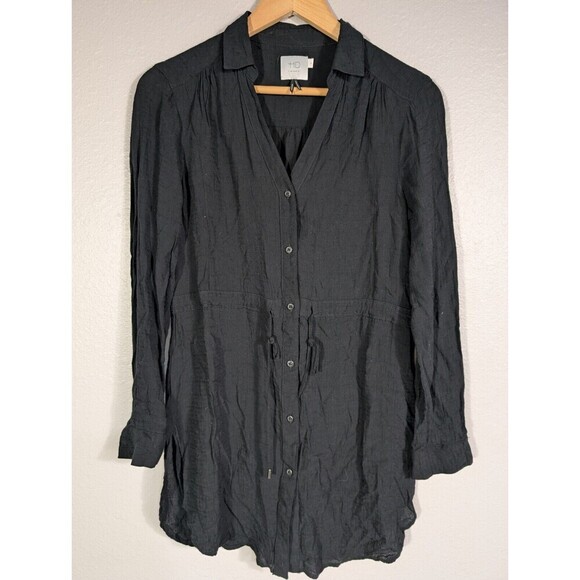 HD in Paris Anthropologie Tie Shirt Dress Button Front XS Black Roll Tab N99 - Picture 2 of 11